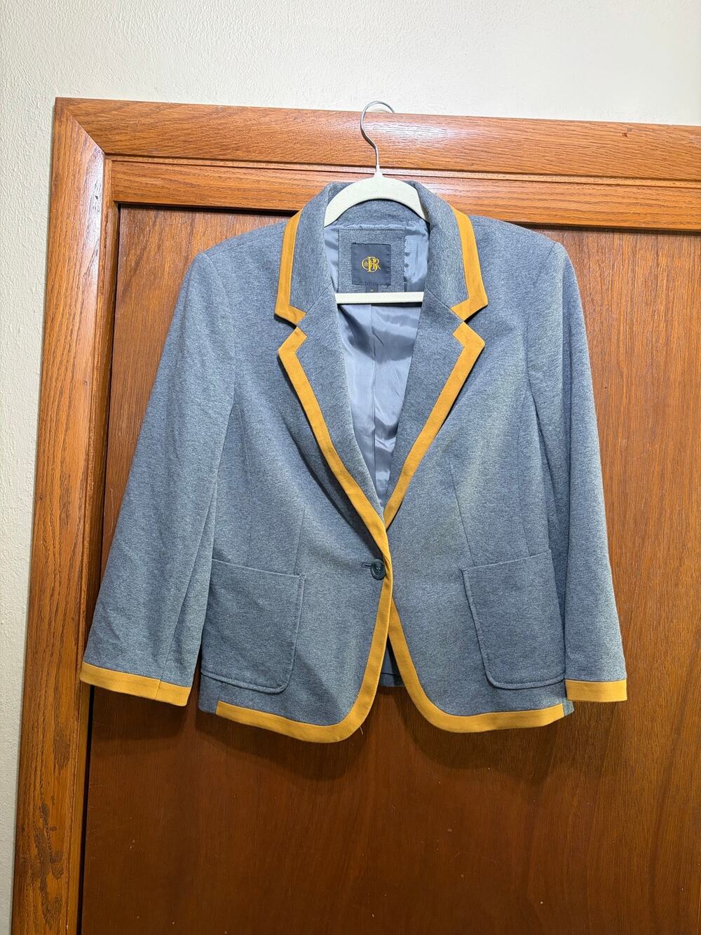 CBR Gray Knit Blazer Mustard Trim One Button Career Jacket Medium